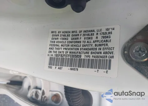 2015 Honda Civic Lx из США, поврежденный, VIN 19XFB2F57FE005859